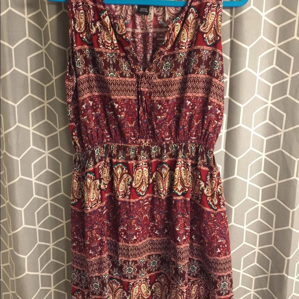 Red printed cinched waist dress.